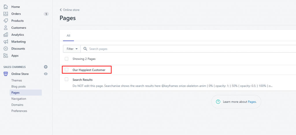 Select and edit page in shopify admin