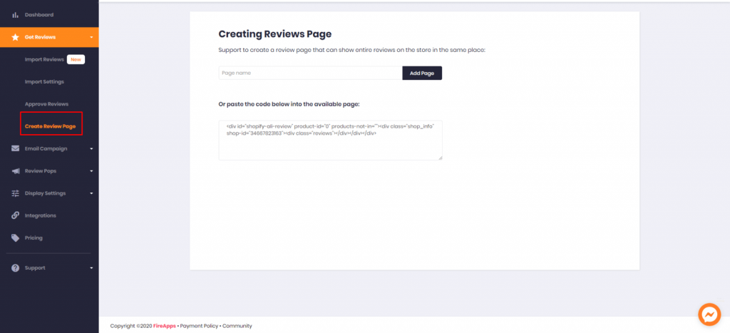 Where to click create review page in Ali Reviews In-App Setting