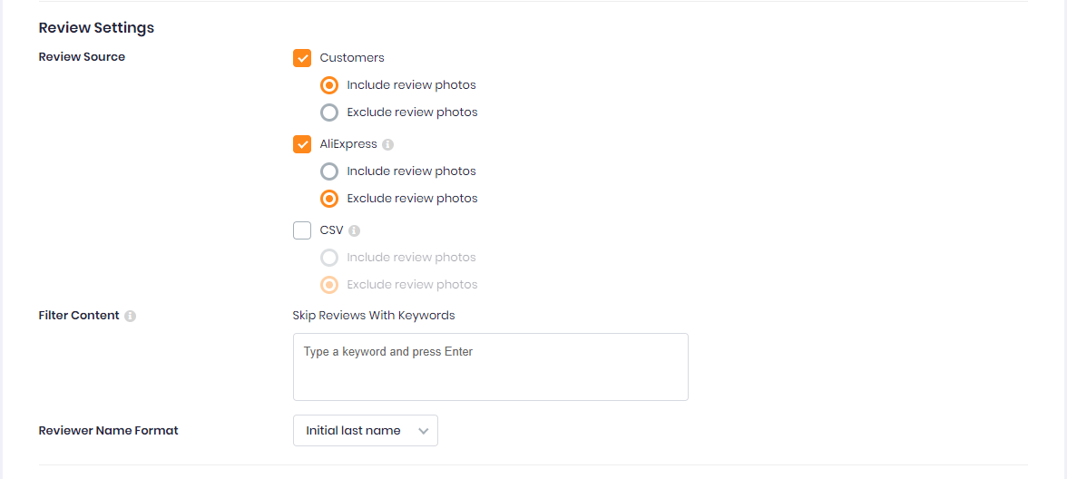 Set up Review Settings With 3 Source To Choose