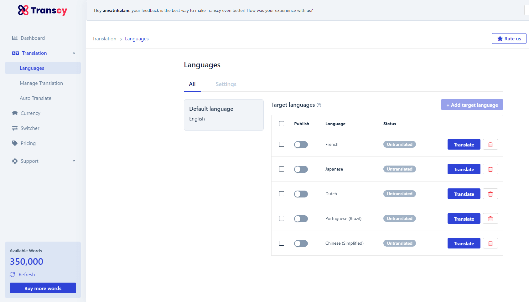 Add target languages when auto translate checkout page in Shopify