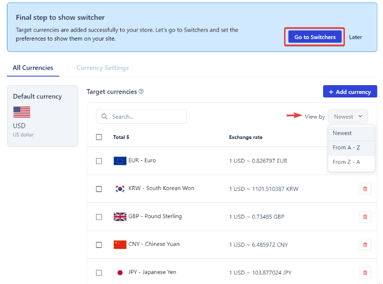 Go to Switchers when add target currencies successfully