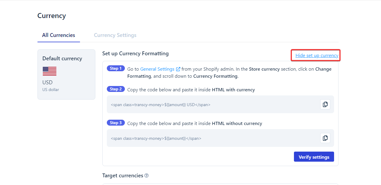 Hide set up Currency code