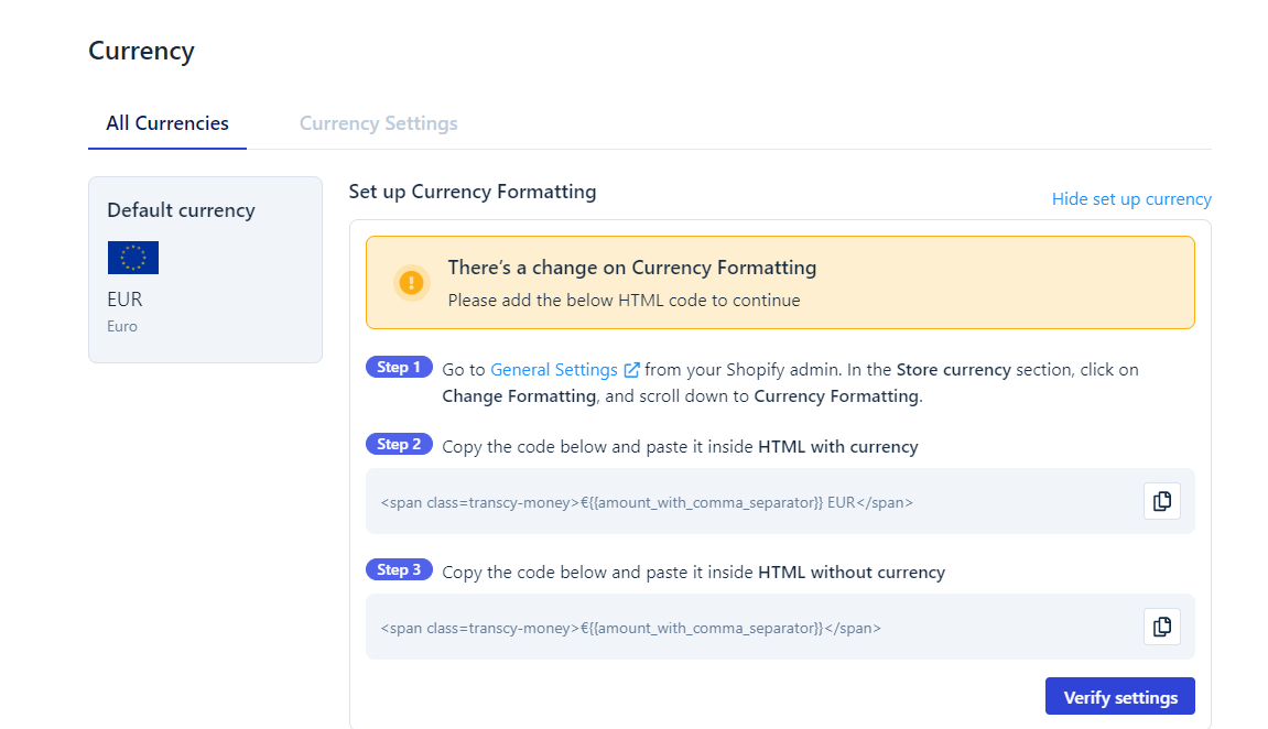 Verify Currency code when to change Shopify currencies