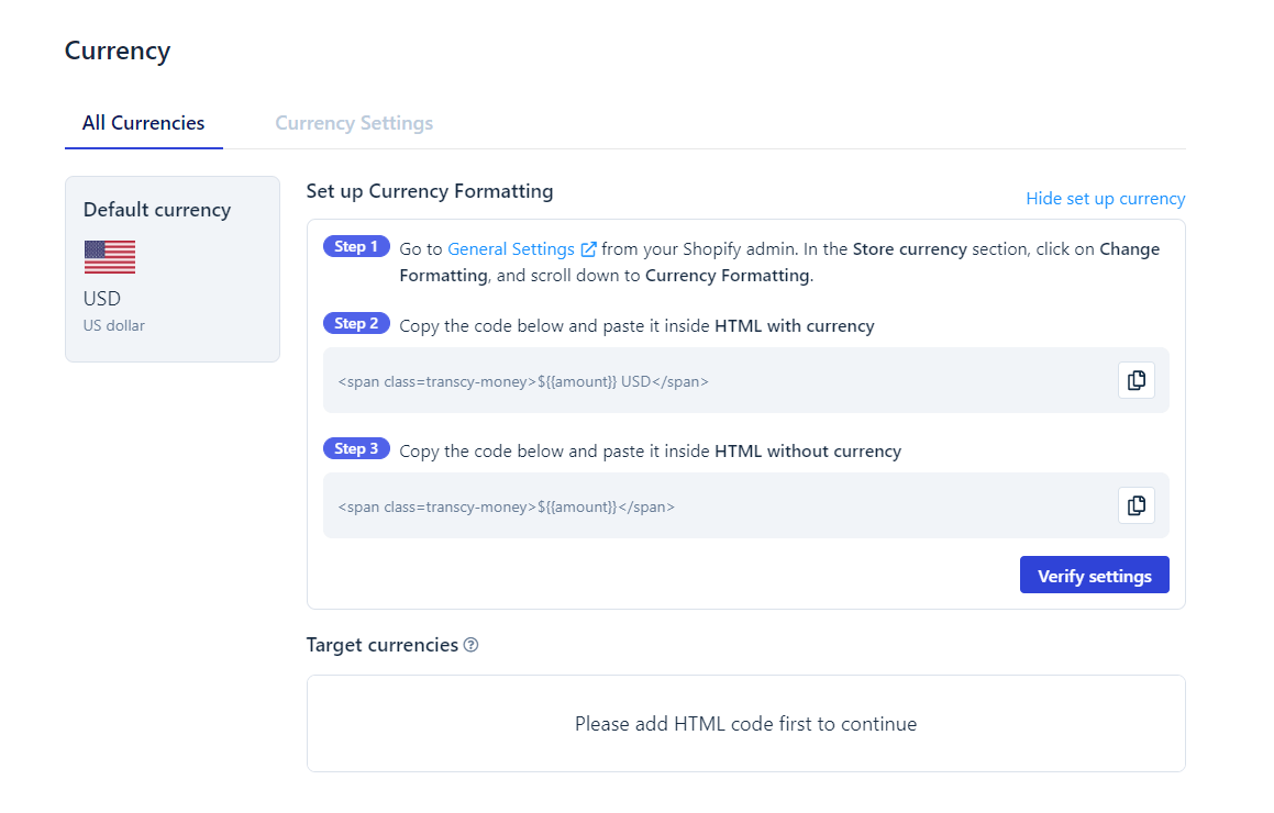 Set up Currency code for Shopify change currency
