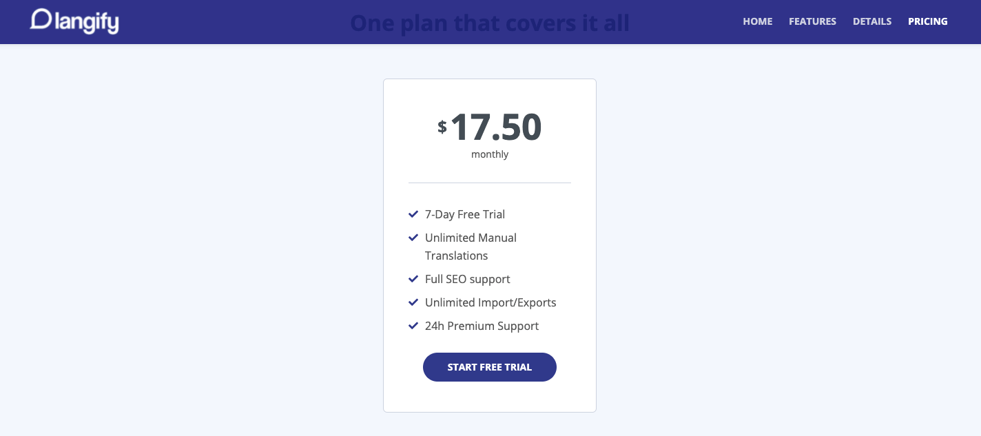 Pricing of Langify app