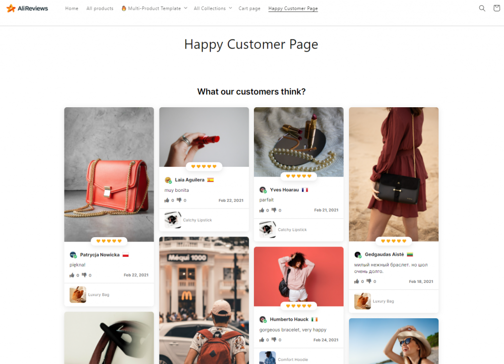 Happy customer page Shopify review page