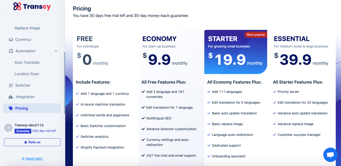 Transcy's new pricing plan